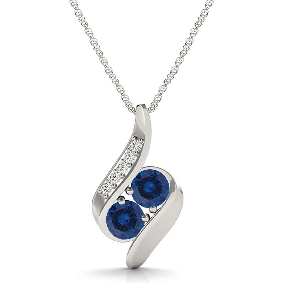 1.00 Carat Two Stone Sapphire And White Diamond Pendant Necklace For Women In 14K Rose White & Yellow Gold With 18" Box Chain Mauli Jewels