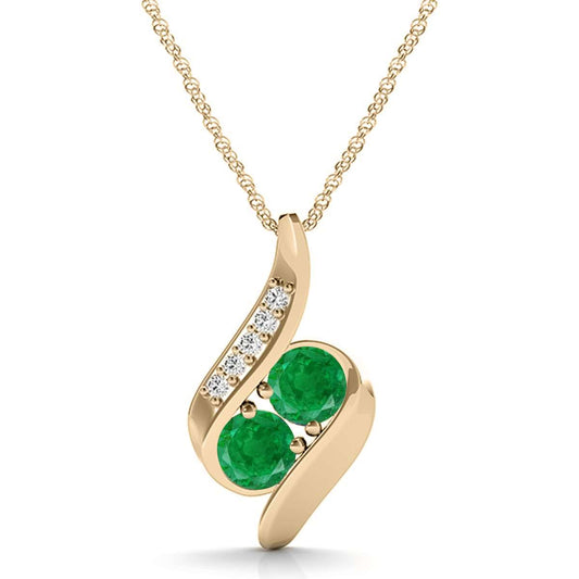 1.00 Carat Two Stone Emerald & Diamond Gemstone Pendant In 14K White / Rose & Yellow Gold With 18'' Box Chain Mauli Jewels