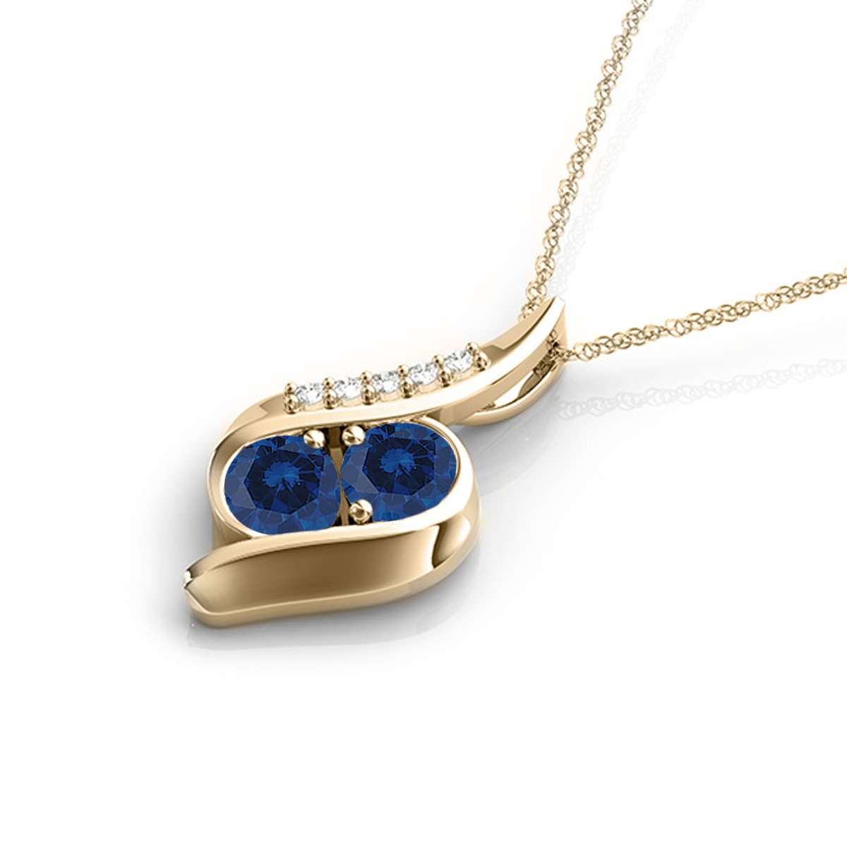 1.00 Carat Two Stone Sapphire And White Diamond Pendant Necklace For Women In 14K Rose White & Yellow Gold With 18" Box Chain Mauli Jewels