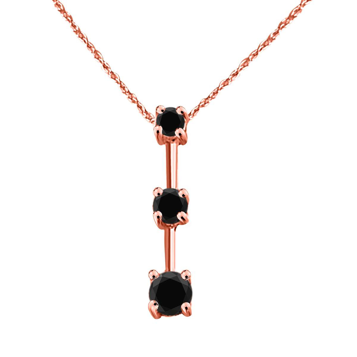 14K Rose White & Yellow Gold 1.00 Carat Three Stone Black Diamond Drop Pendant Necklace For Women With 18" Box Chain Mauli Jewels