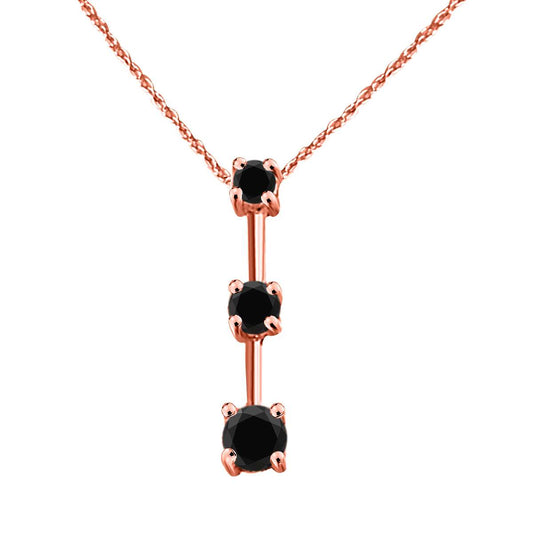 14K Rose White & Yellow Gold 1.00 Carat Three Stone Black Diamond Drop Pendant Necklace For Women With 18" Box Chain Mauli Jewels