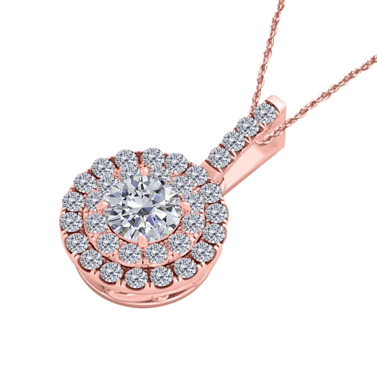 MAULIJEWELS 0.75 Carat Halo Round White Diamond Shared Prong Pendant Necklace In 14K Solid Rose White & Yellow Gold With 18" Box Chain Mauli Jewels