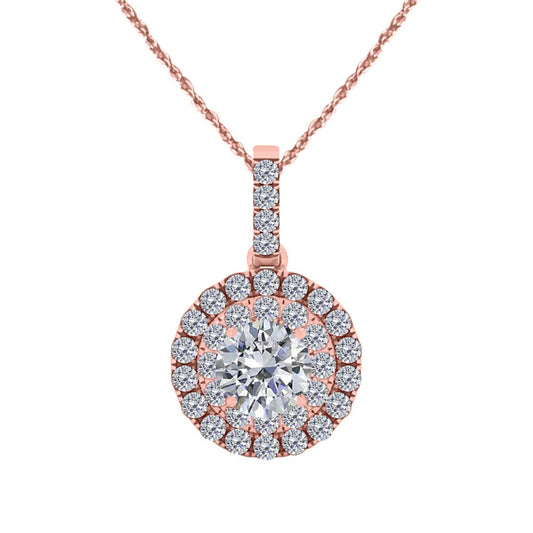 MAULIJEWELS 0.75 Carat Halo Round White Diamond Shared Prong Pendant Necklace In 14K Solid Rose White & Yellow Gold With 18" Box Chain Mauli Jewels
