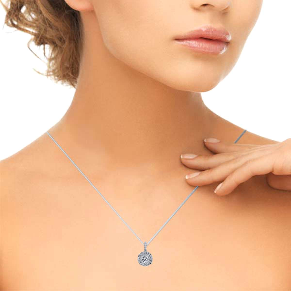 MAULIJEWELS 0.75 Carat Halo Round White Diamond Shared Prong Pendant Necklace In 14K Solid Rose White & Yellow Gold With 18" Box Chain Mauli Jewels