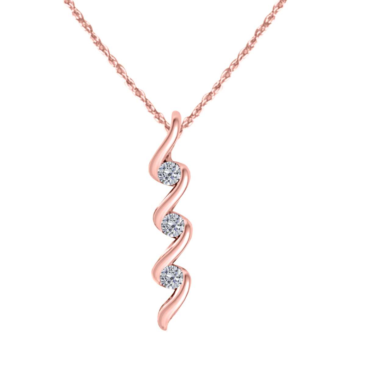 0.10 Carat Three Stone Channel Set Pendant Necklace for Women in 10K Rose, White & Yellow Gold with 18" Box Chain Mauli Jewels