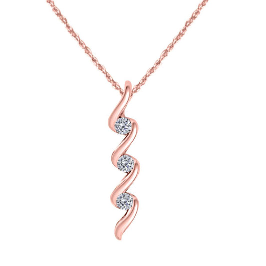 0.10 Carat Three Stone Channel Set Pendant Necklace for Women in 10K Rose, White & Yellow Gold with 18" Box Chain Mauli Jewels