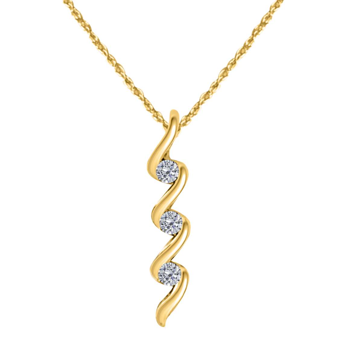 0.10 Carat Three Stone Channel Set Pendant Necklace for Women in 10K Rose, White & Yellow Gold with 18" Box Chain Mauli Jewels