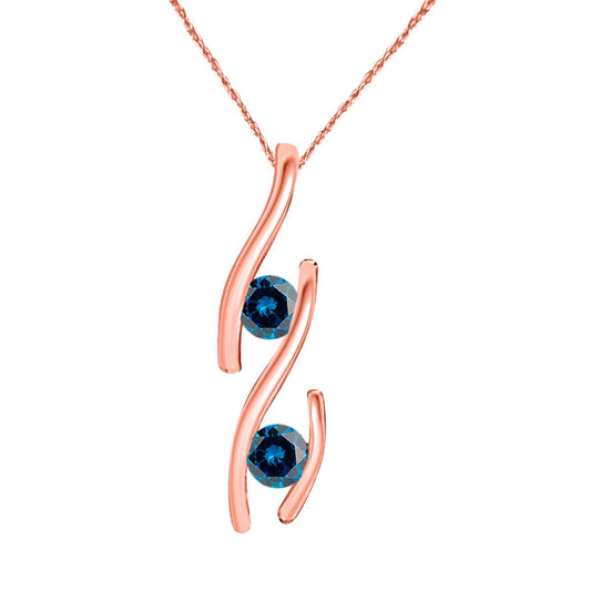 0.20 Carat Two-Stone Blue Diamond Channel Set Pendant Necklace for Women in 10K Rose, White & Yellow Gold with Box Chain Mauli Jewels