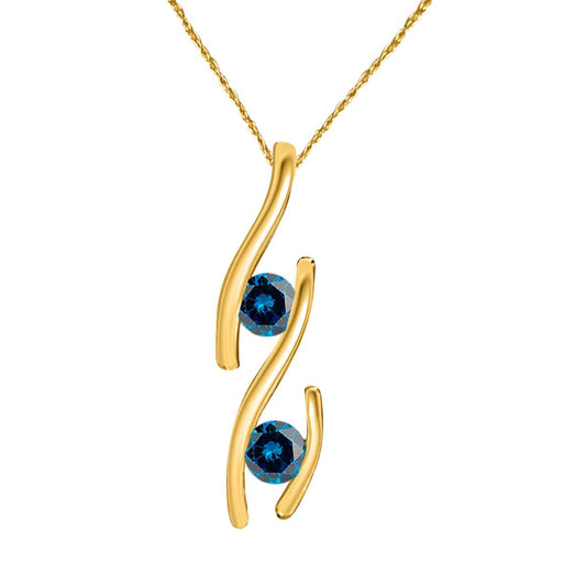 0.20 Carat Two-Stone Blue Diamond Channel Set Pendant Necklace for Women in 10K Rose, White & Yellow Gold with Box Chain Mauli Jewels