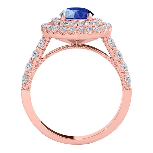 Mauli Jewels Women’s 1.90 Carat Sapphire and Diamond Ring in 14K Rose, White and Yellow Gold Round Halo Prong Set Engagement Ring, Bridal Ring - Mauli Jewels