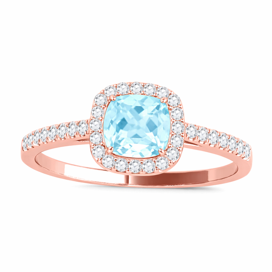 Mauli Jewels 1.15 CT Natural Aquamarine & Diamond Ring in 10K Rose White & Yellow Gold | Cushion Cut Center Stone | Prong Set Bridal Ring for Women