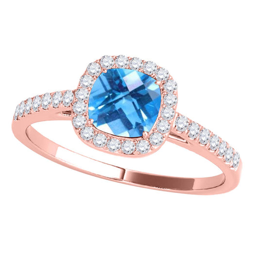 Mauli Jewels 1.15 CT Natural Blue Topaz & Diamond Ring in 10K Rose White & Yellow Gold | Cushion Cut Center Stone | Prong Set Bridal Ring for Women