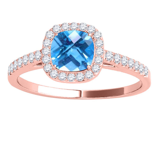 Mauli Jewels 1.15 CT Natural Blue Topaz & Diamond Ring in 10K Rose White & Yellow Gold | Cushion Cut Center Stone | Prong Set Bridal Ring for Women