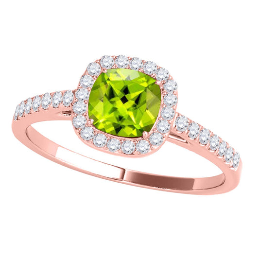 Mauli Jewels 1.15 CT Natural Peridot & Diamond Ring in 10K Rose White & Yellow Gold | Cushion Cut Center Stone | Prong Set Bridal Ring for Women