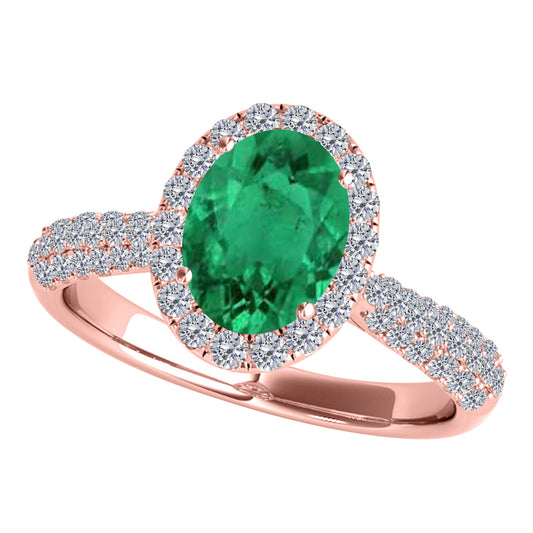 Mauli Jewels 1.20 Carat Oval Created Emerald and Diamond Ring for Women in 10K Rose, White and Yellow Gold, Elegant Vintage Pave Design