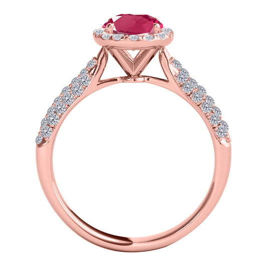 Mauli Jewels 1.20 Carat Oval Created Ruby and Diamond Ring for Women in 10K Rose, White and Yellow Gold, Elegant Vintage Pave Design