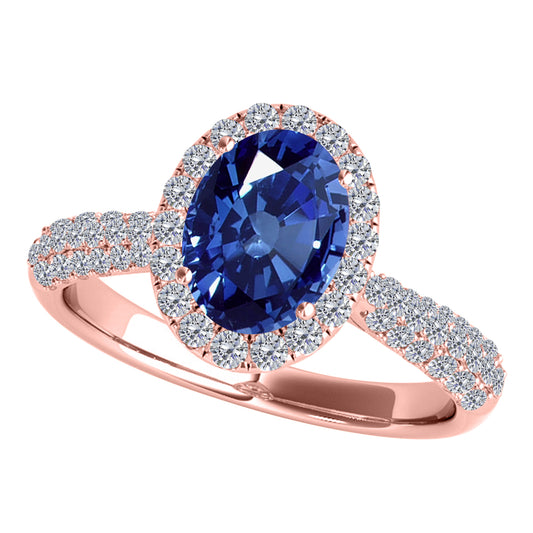 Mauli Jewels 1.20 Carat Oval Created Sapphire and Diamond Ring for Women in 10K Rose, White and Yellow Gold, Elegant Vintage Pave Design