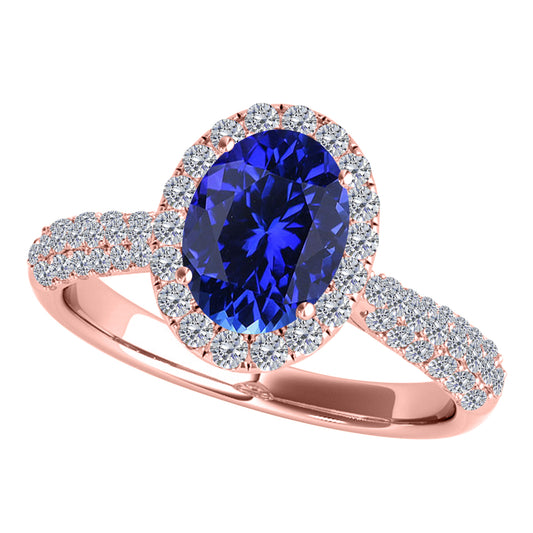 Mauli Jewels 1.20 Carat Oval Created Tanzanite and Diamond Ring for Women in 10K Rose, White and Yellow Gold, Elegant Vintage Pave Design
