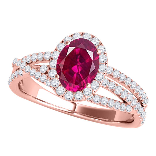 Mauli Jewels 10K Rose, White & Yellow Gold 1.22 CTW Oval Created Ruby Halo Lab Grown Diamond Ring for Women