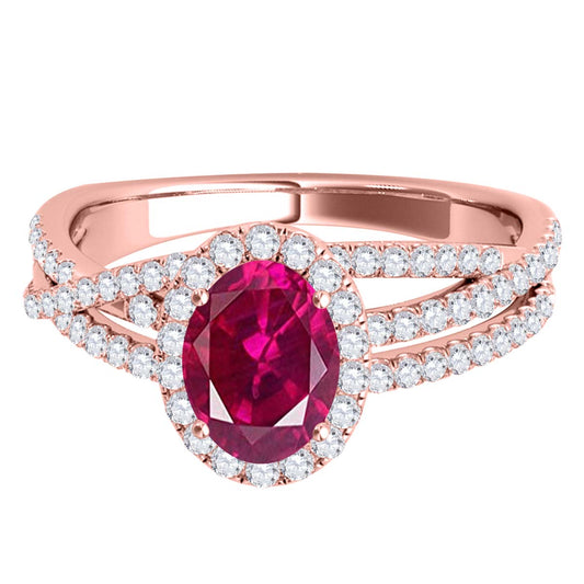 Mauli Jewels 10K Rose, White & Yellow Gold 1.22 CTW Oval Created Ruby Halo Lab Grown Diamond Ring for Women