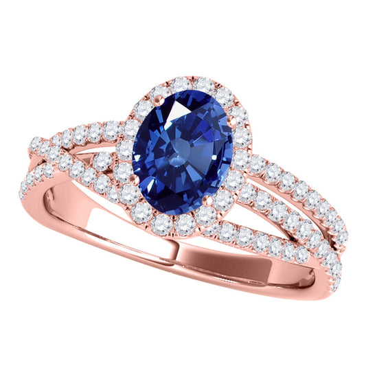 Mauli Jewels 10K Rose, White & Yellow Gold 1.22 CTW Oval Created Sapphire Halo Lab Grown Diamond Ring for Women