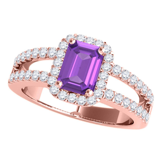 MauliJewels 2.77 Carat Emerald Cut Amethyst & Lab Grown Diamond Ring for Women in 10K Rose, White & Yellow Gold, Birthstone Ring