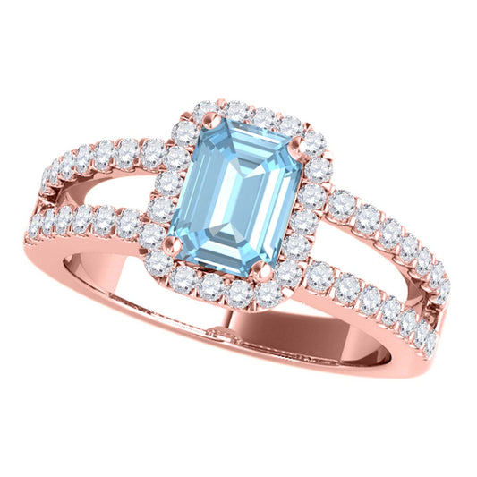 MauliJewels 2.77 Carat Emerald Cut Aquamarine & Lab Grown Diamond Ring for Women in 10K Rose, White & Yellow Gold, Birthstone Ring