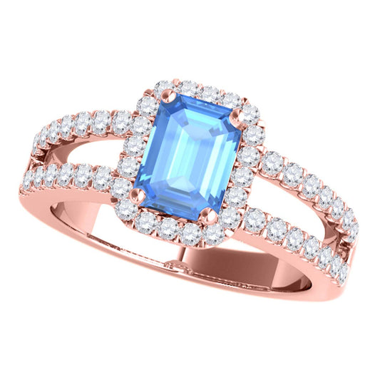 MauliJewels 2.77 Carat Emerald Cut Blue Topaz & Lab Grown Diamond Ring for Women in 10K Rose, White & Yellow Gold, Birthstone Ring