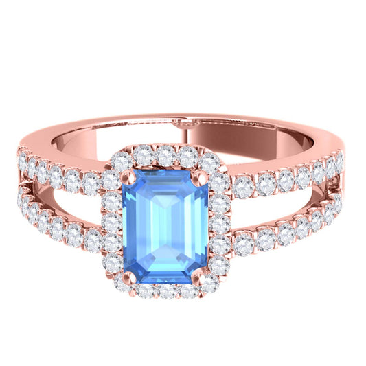 MauliJewels 2.77 Carat Emerald Cut Blue Topaz & Lab Grown Diamond Ring for Women in 10K Rose, White & Yellow Gold, Birthstone Ring