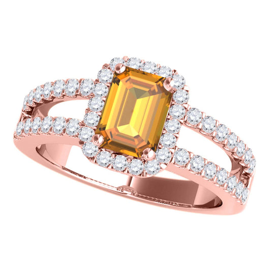 MauliJewels 2.77 Carat Emerald Cut Citrine & Lab Grown Diamond Ring for Women in 10K Rose, White & Yellow Gold, Birthstone Ring
