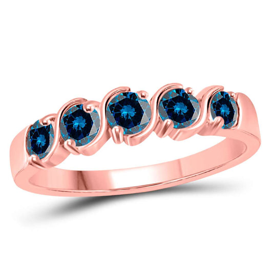 1.00 Carat Blue Diamond  Prong Set Five Stone Wedding Band For Women In 14K Rose White & Yellow Gold Mauli Jewels