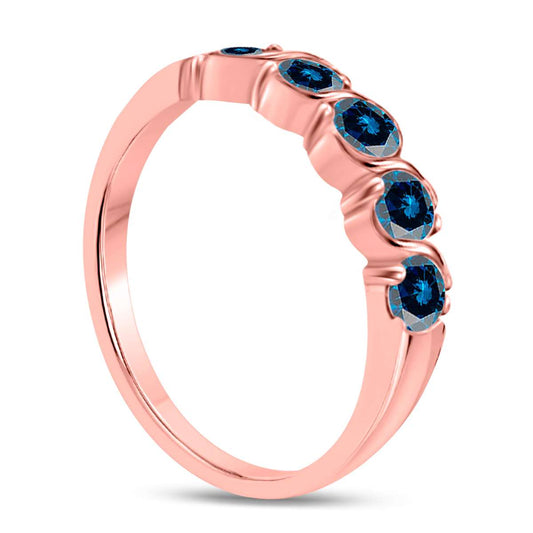 1.00 Carat Blue Diamond  Prong Set Five Stone Wedding Band For Women In 14K Rose White & Yellow Gold Mauli Jewels