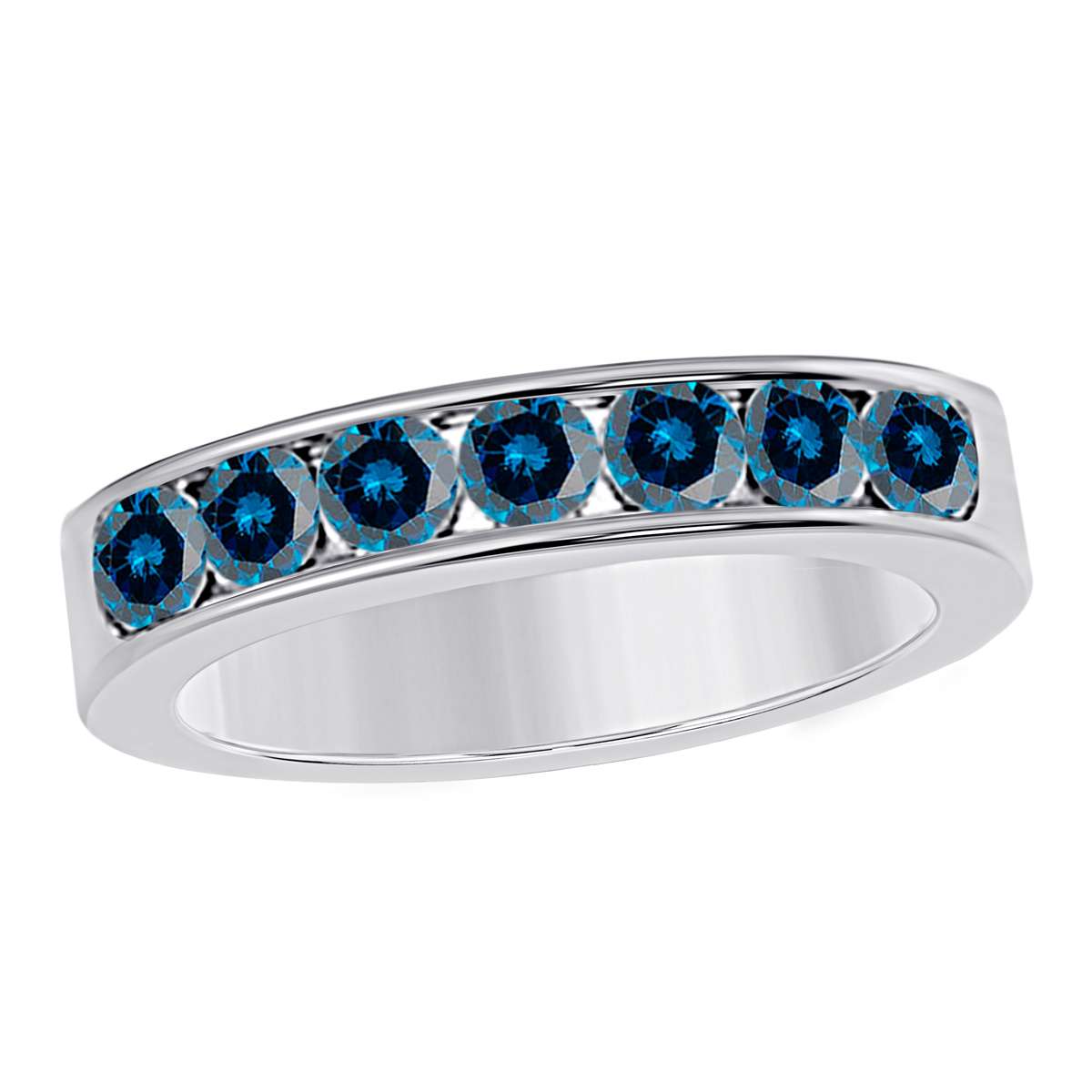 14K Rose White & Yellow Gold 1.00 Ct Round Blue Diamond 7 Stone Wedding Band For Women Mauli Jewels