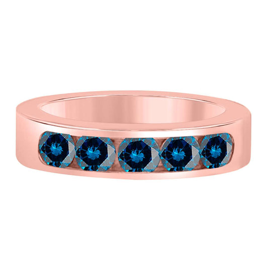 1.00 Carat Blue Diamond Five Stone Channel Set Wedding Band in 14K Rose White & Yellow Gold Mauli Jewels