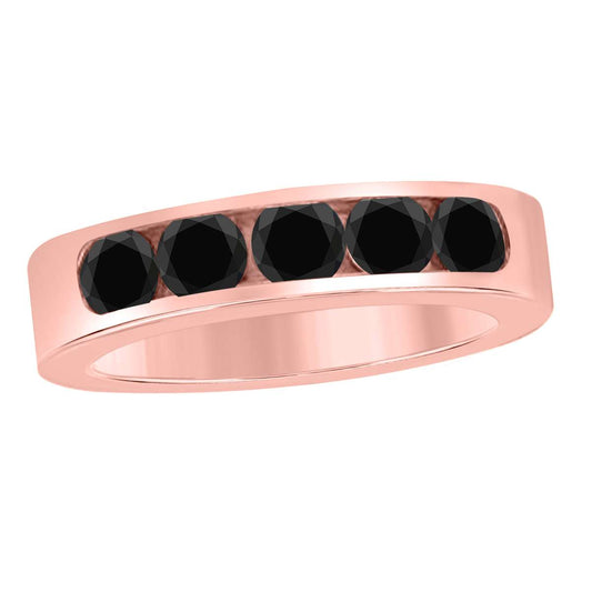 1.00 Carat Channel Set Black Diamond Five Stone Wedding Band In 14K Rose White & Yellow Gold Mauli Jewels