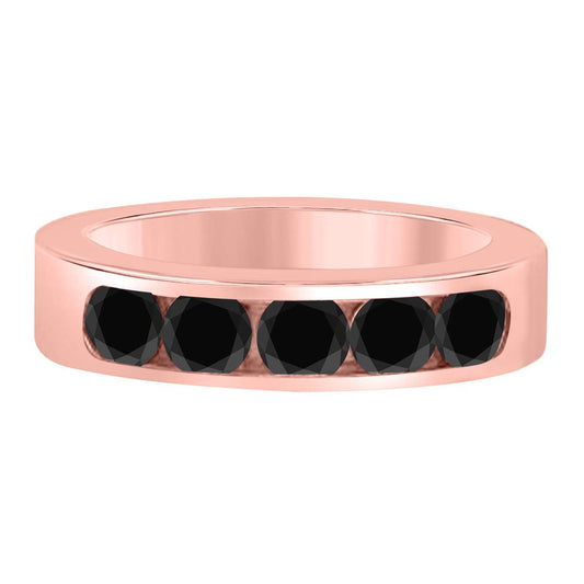 1.00 Carat Channel Set Black Diamond Five Stone Wedding Band In 14K Rose White & Yellow Gold Mauli Jewels