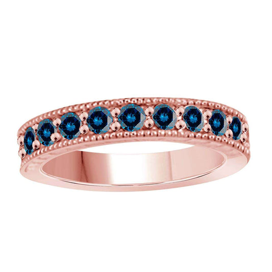 1.00 Carat Round Blue Diamond Prong Set Wedding Band In 10K Rose White & Yellow Gold Mauli Jewels