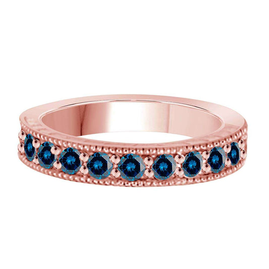 1.00 Carat Round Blue Diamond Prong Set Wedding Band In 10K Rose White & Yellow Gold Mauli Jewels