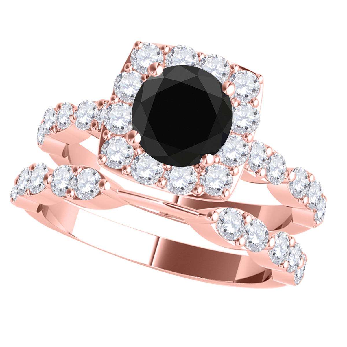2.08 Carat Black & White Diamond Bridal Set - Halo Engagement Ring in 14K Rose, White, or Yellow Gold Mauli Jewels