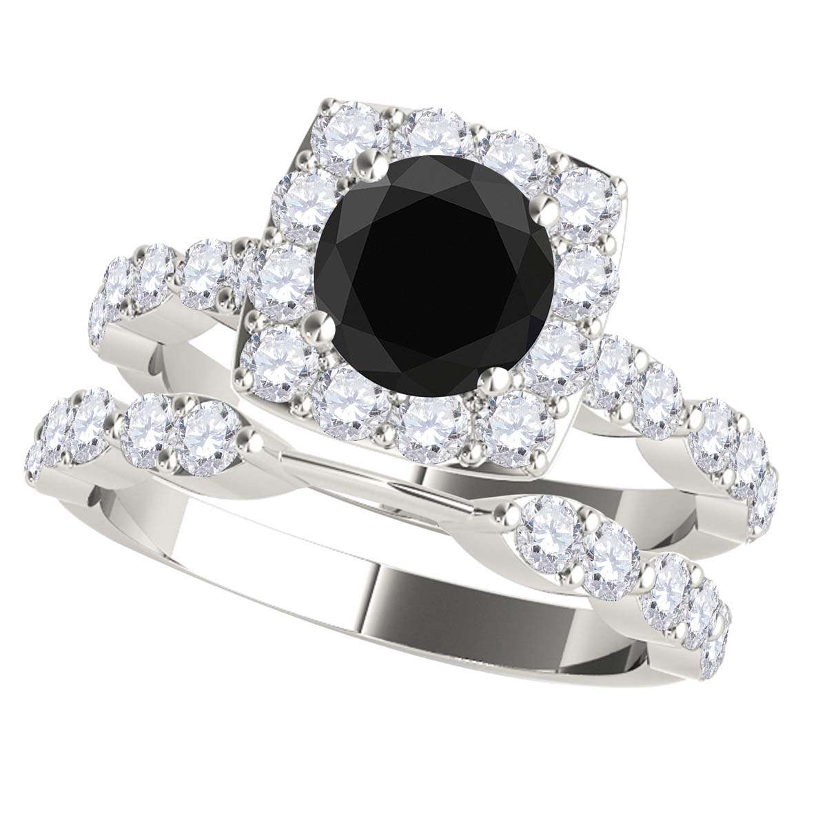 2.08 Carat Black & White Diamond Bridal Set - Halo Engagement Ring in 14K Rose, White, or Yellow Gold Mauli Jewels