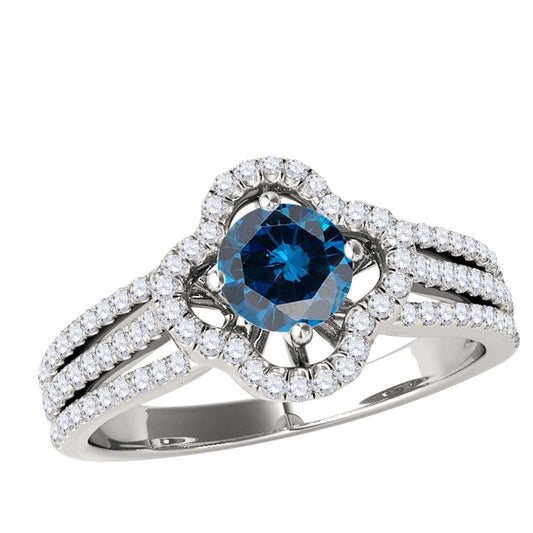 1.50 Carat Halo Blue & White Diamond Engagement Wedding Ring in 14K Solid White, Rose, and Yellow Gold Mauli Jewels