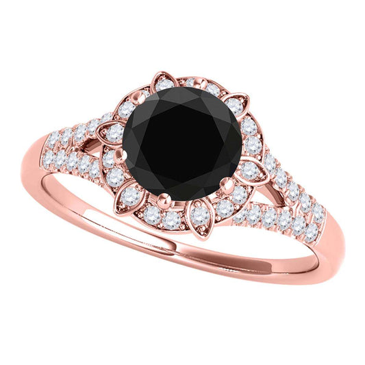 1.00 Carat Halo Natural Black Diamond Engagement Ring in 10K Rose, White, or Yellow Solid Gold Mauli Jewels