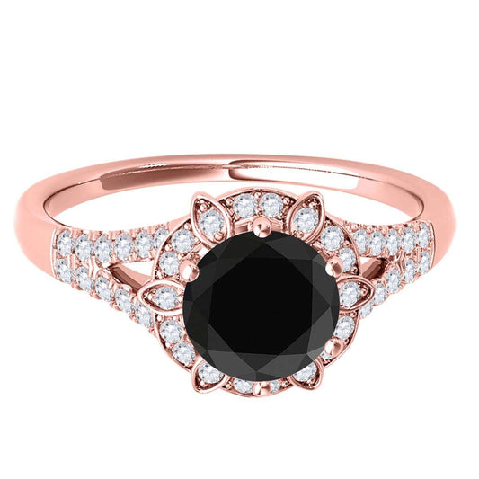 1.00 Carat Halo Natural Black Diamond Engagement Ring in 10K Rose, White, or Yellow Solid Gold Mauli Jewels