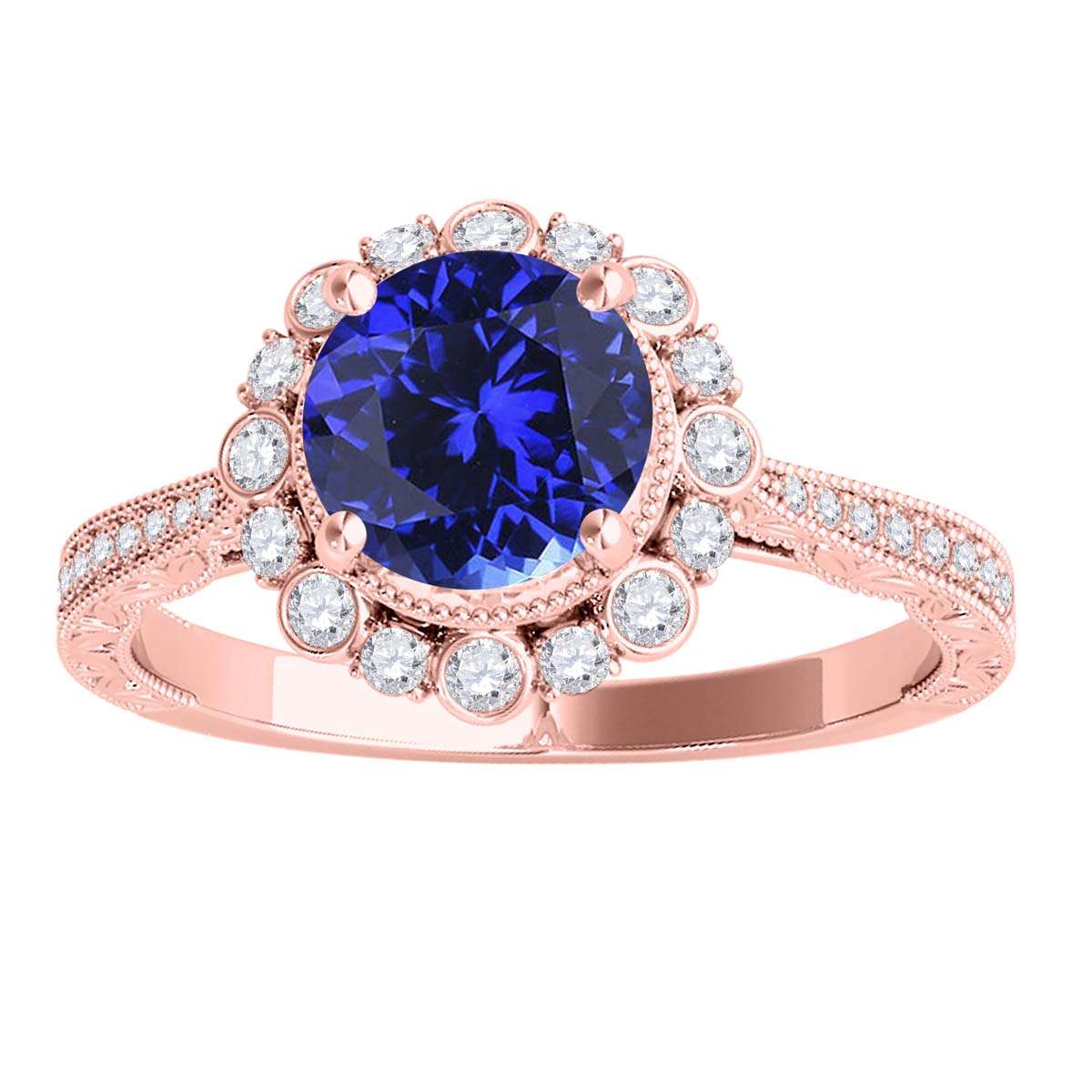 1.10 Carat Round Tanzanite and White Diamond Gemstone Engagement Rings in 10K Rose, White, and Yellow Gold Mauli Jewels