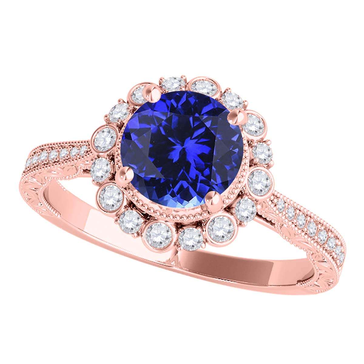 1.10 Carat Round Tanzanite and White Diamond Gemstone Engagement Rings in 10K Rose, White, and Yellow Gold Mauli Jewels