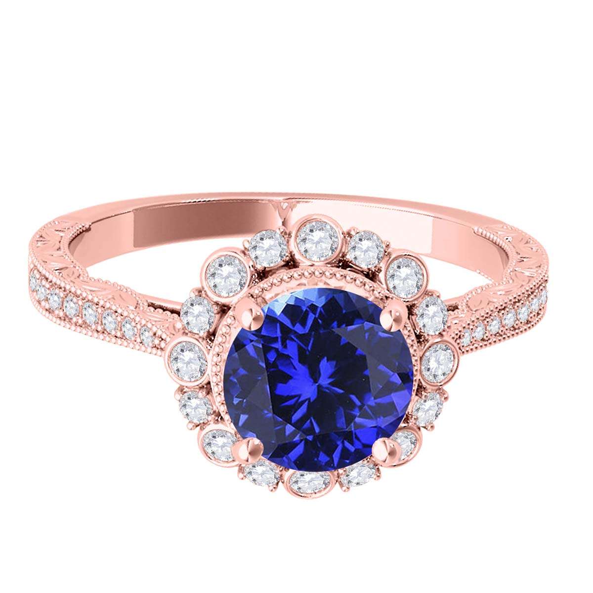 1.10 Carat Round Tanzanite and White Diamond Gemstone Engagement Rings in 10K Rose, White, and Yellow Gold Mauli Jewels