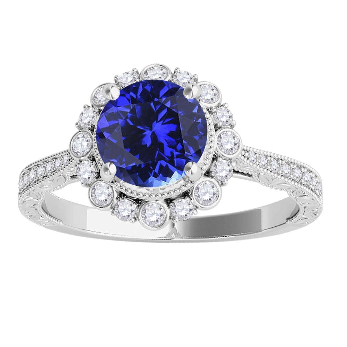 1.10 Carat Round Tanzanite and White Diamond Gemstone Engagement Rings in 10K Rose, White, and Yellow Gold Mauli Jewels