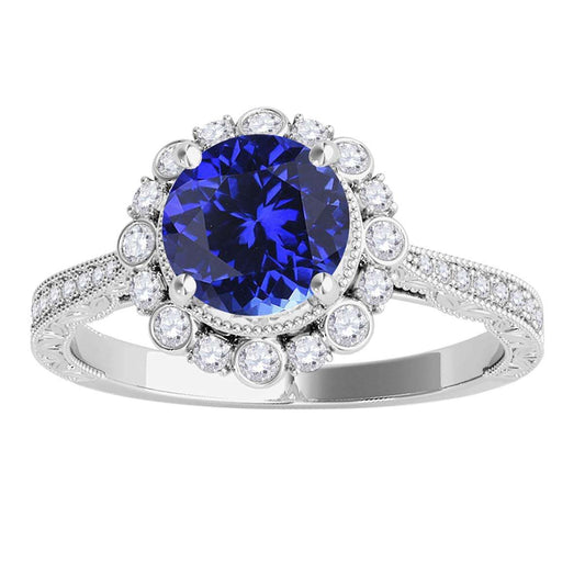 1.10 Carat Round Tanzanite and White Diamond Gemstone Engagement Rings in 10K Rose, White, and Yellow Gold Mauli Jewels