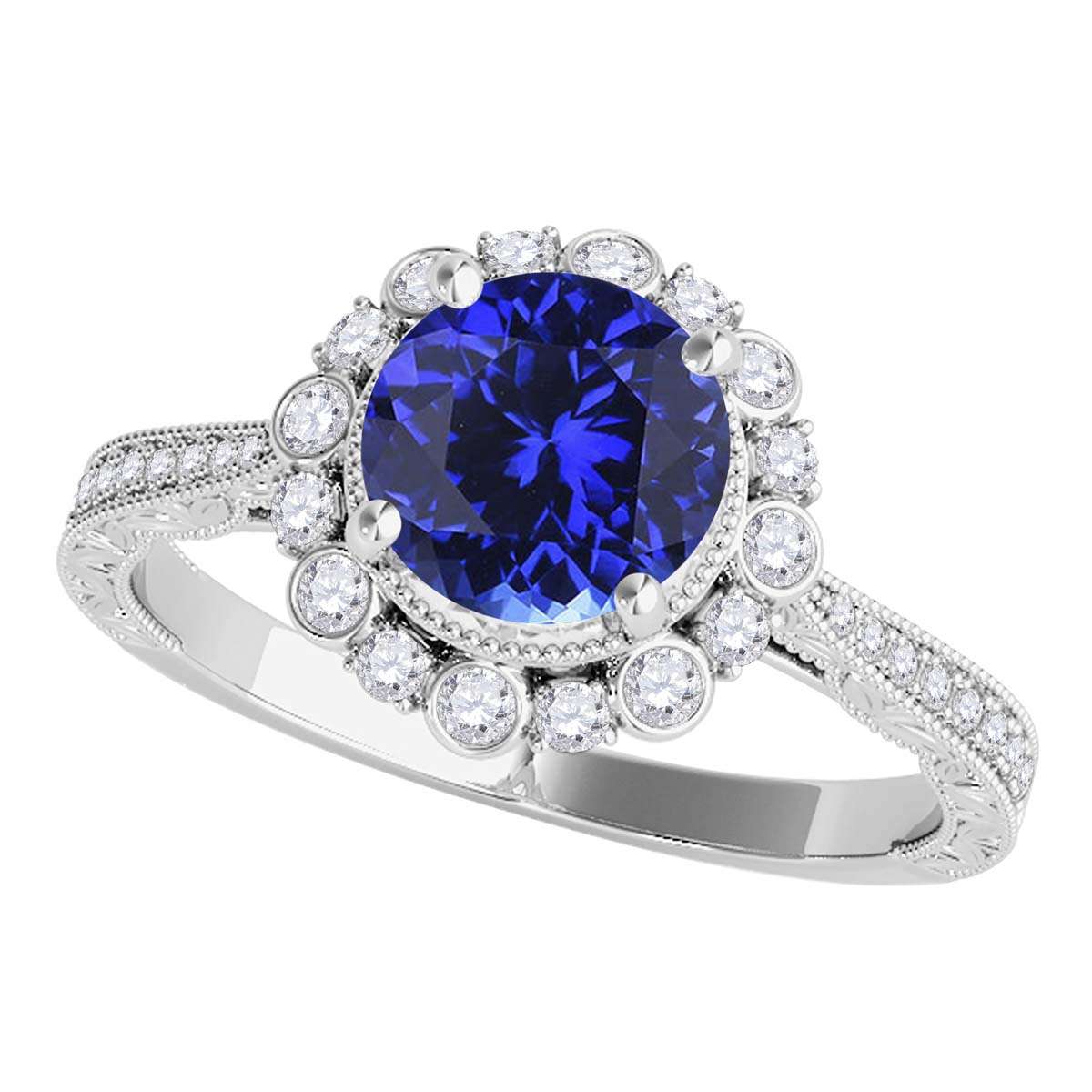1.10 Carat Round Tanzanite and White Diamond Gemstone Engagement Rings in 10K Rose, White, and Yellow Gold Mauli Jewels