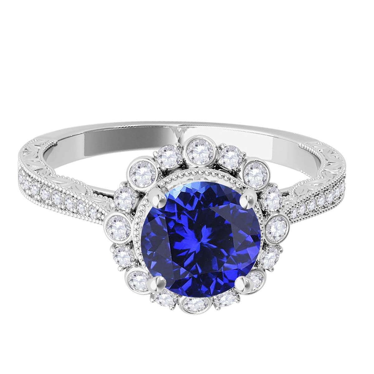 1.10 Carat Round Tanzanite and White Diamond Gemstone Engagement Rings in 10K Rose, White, and Yellow Gold Mauli Jewels
